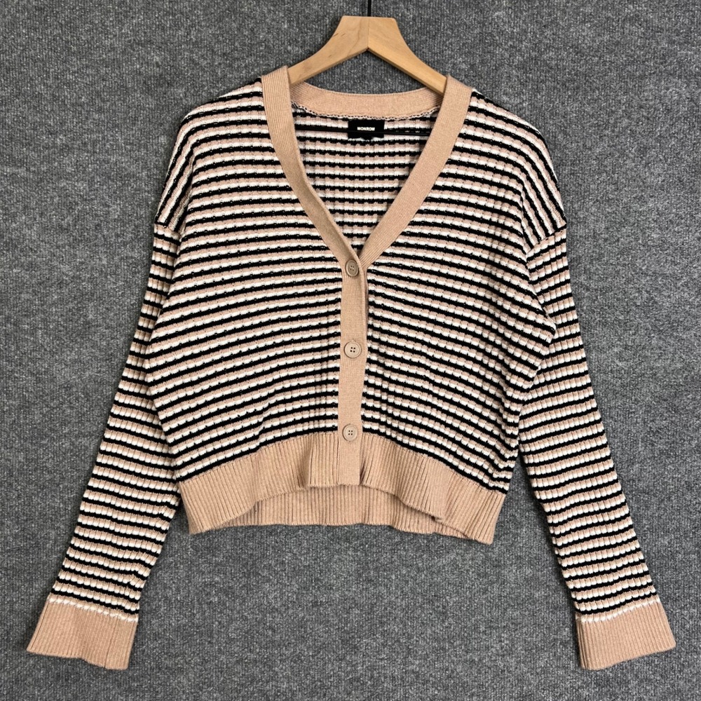 Monrow Cardigan Sweater Womens Small Tan Black White Striped